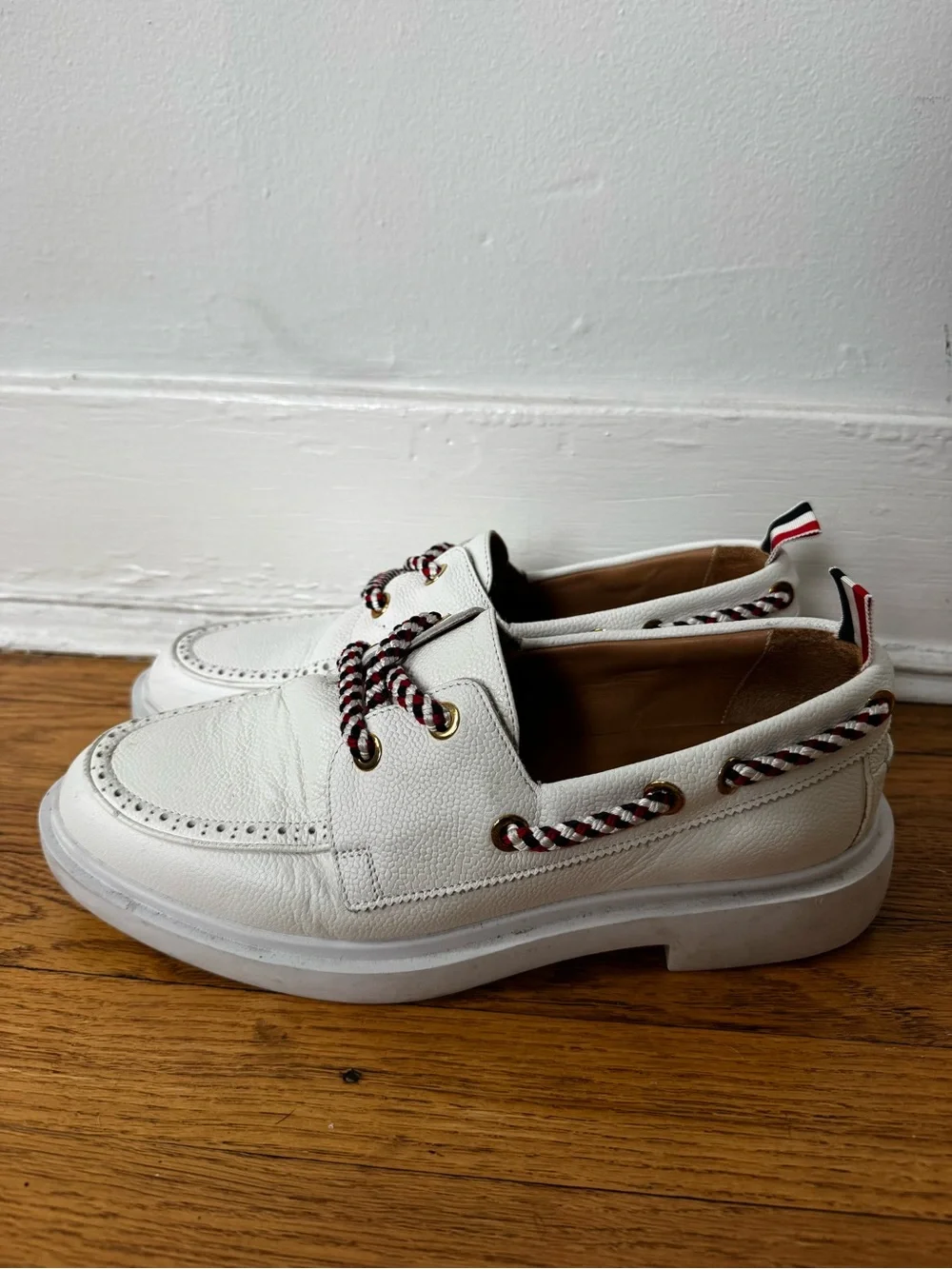 Thom Browne White Leather Boat Shoes with Red-Black-Cream Rope Laces